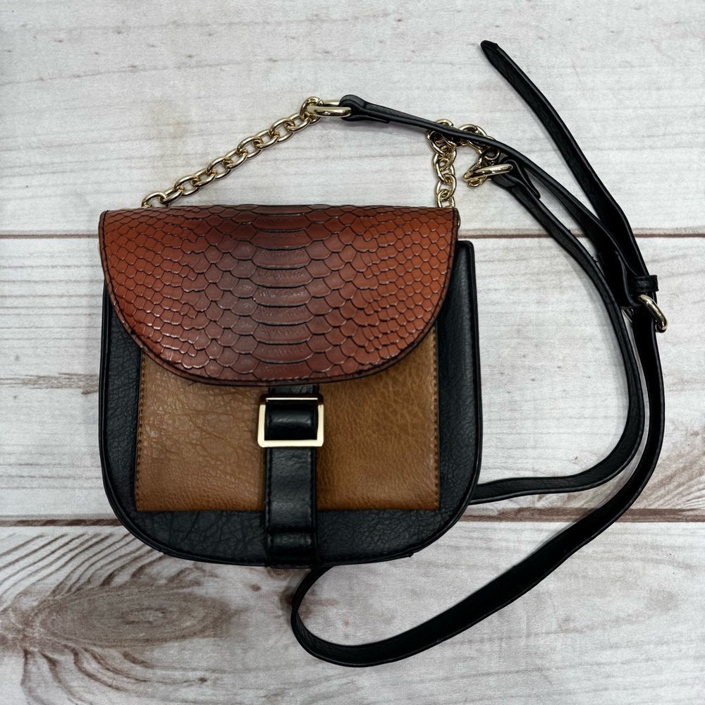 Shoulder Crossbody Bag Purse Tri Color Black Brown Tan Croco Faux Leather Chains